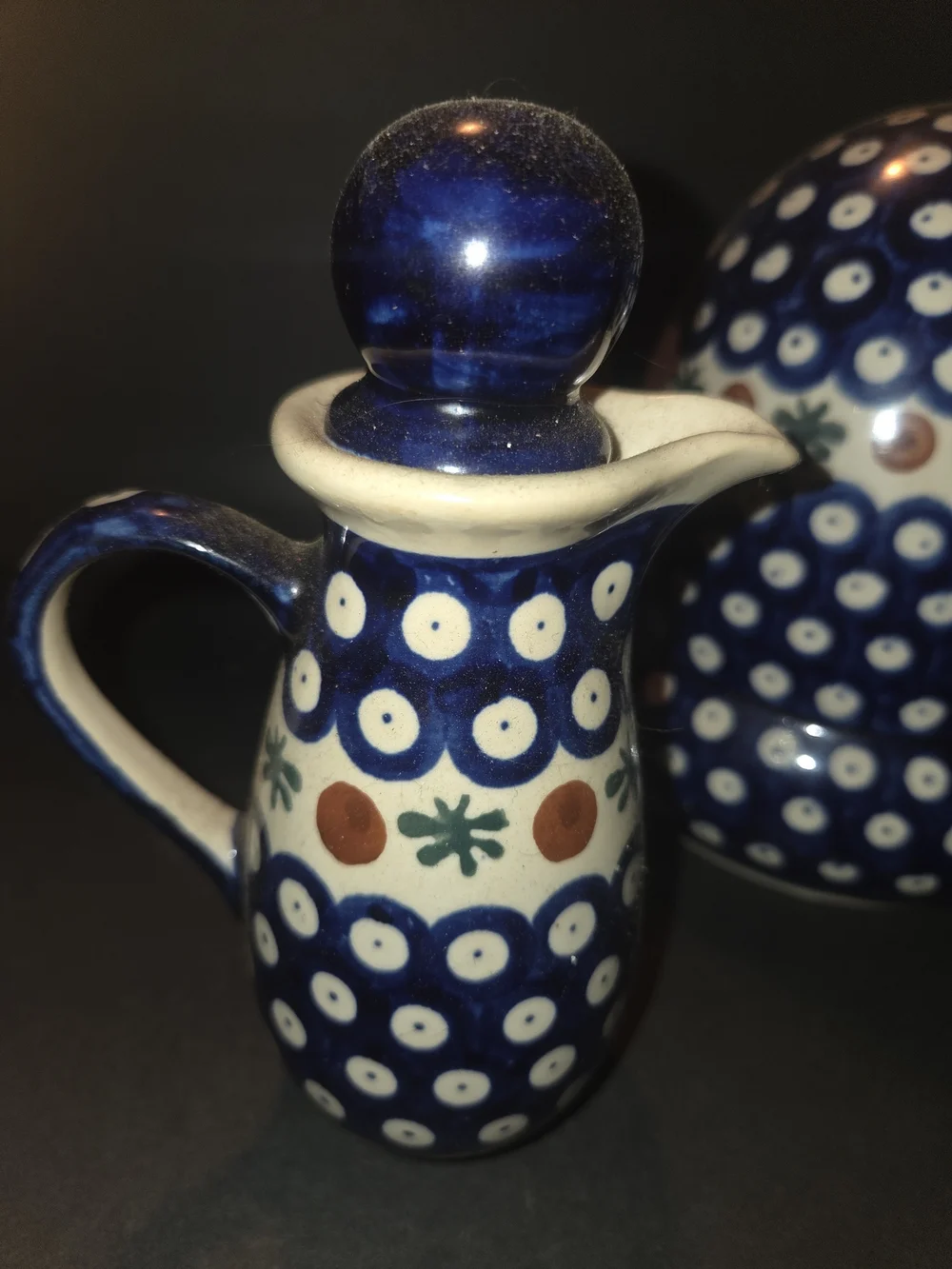 Polish Pottery Watering Can, Oil & Vinegar Set Boleslawiec Mosquito Pattern